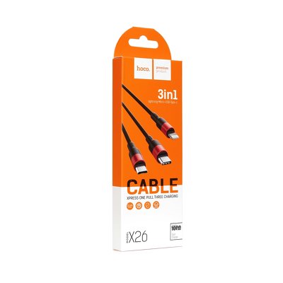 Il cavo USB 3in1 HOCO si adatta a Lightning + Micro + tipo C X26 1 metro nero e rosso